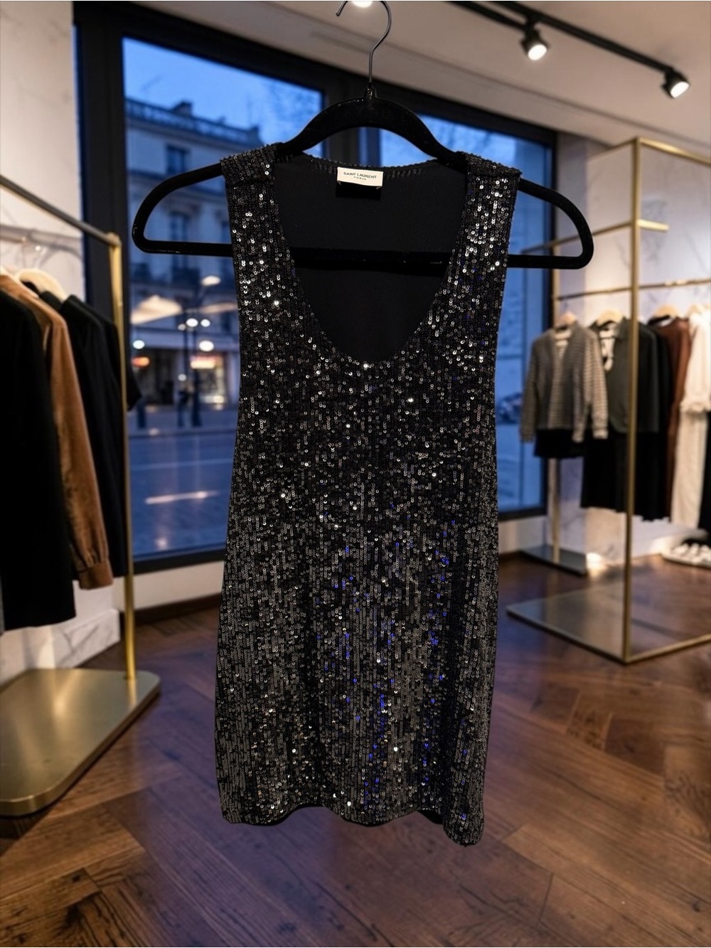 Saint Laurent Paris Black Sequin Sleeveless Tank Top M Italy     615505 YBSH2